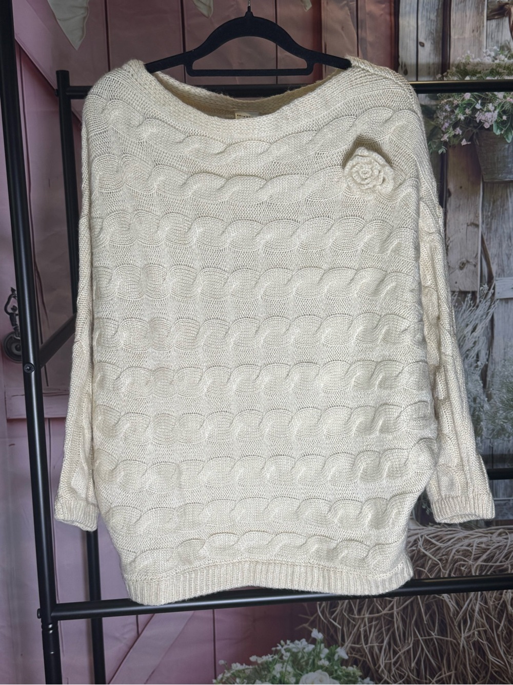 Military Hippie Women’s Cream Cable-Knit Sweater with Floral Accent Size S/M